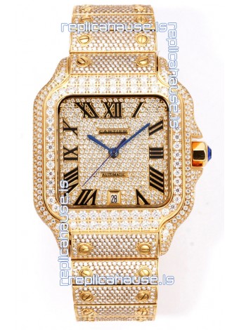 Cartier "Santos De Cartier" Yellow Gold W/ Diamonds Roman Dial 1:1 Mirror Replica - 40MM - Genuine Diamonds