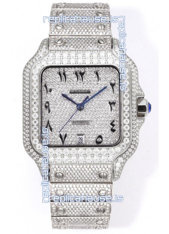 Cartier "Santos De Cartier" Stainless Steel W/ Diamonds Arabic Dial 1:1 Mirror Replica - 40MM - Genuine Diamonds