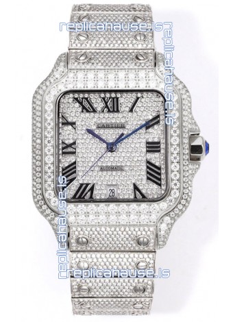 Cartier "Santos De Cartier" Stainless Steel W/ Diamonds Roman Dial 1:1 Mirror Replica - 40MM - Genuine Diamonds