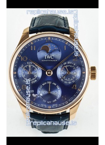 IWC Super Clone Portuguese Perpetual Calendar Rose Gold Blue Dial Replica Watch 