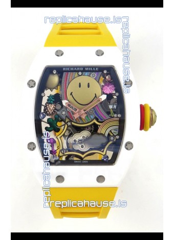 Richard Mille Super Clone RM088 Smiley Tourbillon White Ceramic Rubber Strap Watch 