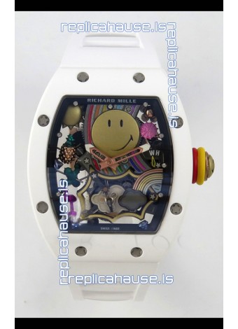 Richard Mille Super Clone RM088 Smiley Tourbillon White Ceramic Rubber Strap Watch 