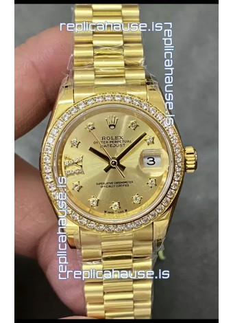 Rolex Datejust Super Clone Gold Dial Yellow Gold Casing Watch 28MM