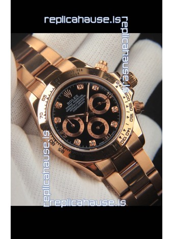 Rolex Daytona Japanese Movement Gold Casing Replica Watch in Black Dial 
