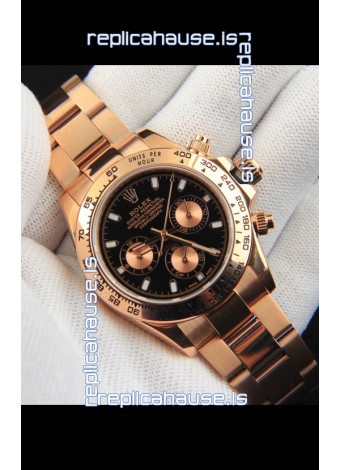 Rolex Daytona Japanese Movement Gold Casing Replica Watch in Black Dial