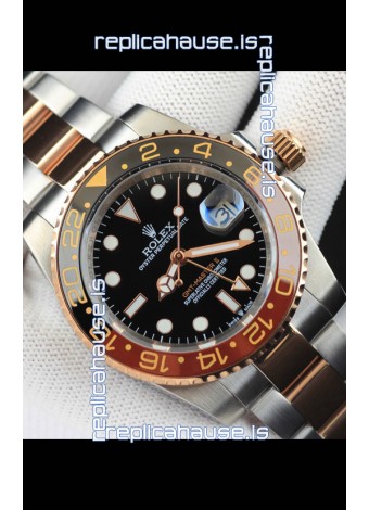 Rolex GMT Masters II 2 Tone Rose Gold Plating Japanese Replica Watch Black Dial