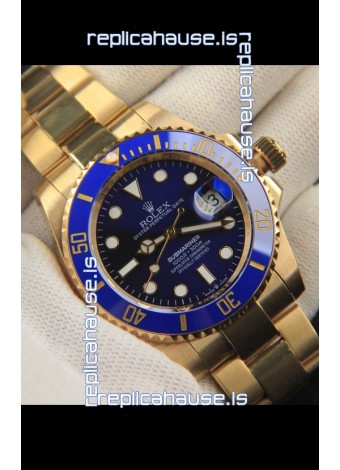 Rolex Submariner Japanese Replica Watch 904L Steel Yellow Gold - Ceramic Bezel in Blue