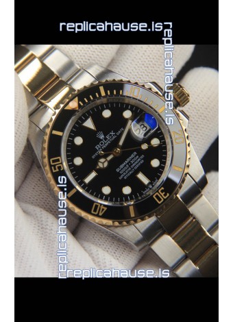 Rolex Submariner Japanese Replica Watch 904L 2 Tone Yellow Gold - Ceramic Bezel in Black