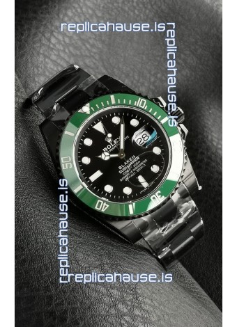 Rolex Submariner Blaken DLC Coated Swiss Replica Watch in Green Bezel