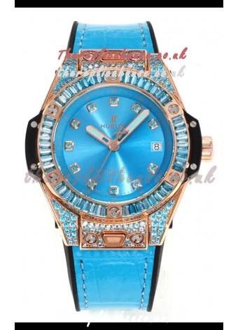 Hublot Big Bang One Click moissanite Rose Gold Super Clone Watch Blue Dial 
