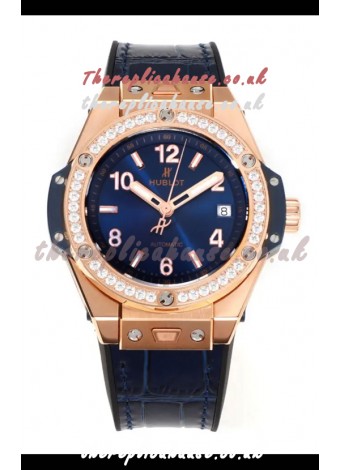 Hublot Big Bang One Click moissanite Bezel Rose Gold Super Clone Watch Blue Dial