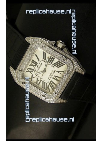 Cartier Santos 100 1:1 Mirror Replica Steel Diamonds Watch Mens Size 42MM