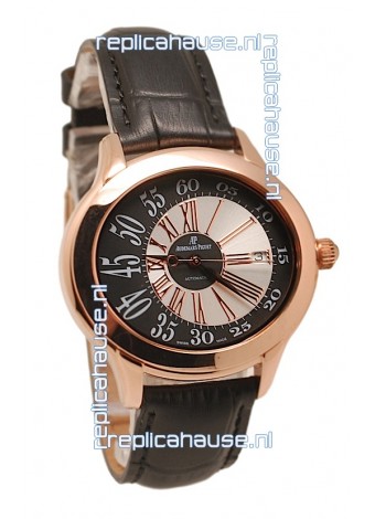 Audemars Piguet Millenary Hour and Minute Swiss Replica Rose Gold Watch in Black Strap