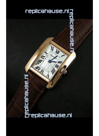 Cartier Louis Japanese Replica Ladies Rose Gold Watch in BrownStrap