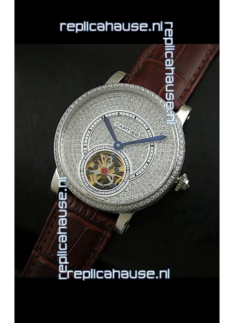 Cartier Ronde de Tourbillon Japanese Replica Diamond Watch in Brown Strap