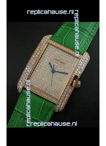Cartier Tank Anglaise Ladies Replica Watch in Gold Case/Green Strap