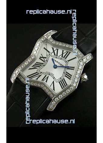 Cartier Tank Folle Ladies Replica Watch in Steel Case/Black Strap