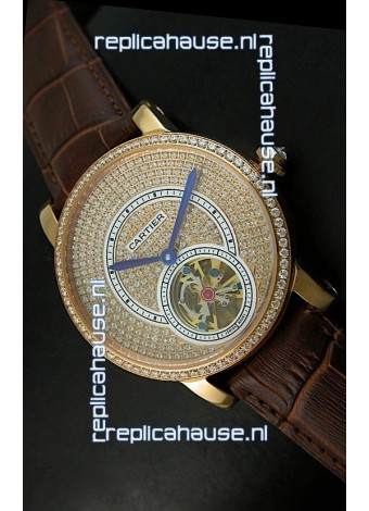 Ronde De Cartier Tourbillon Replica Watch Pink Gold Case - Dark Brown Strap