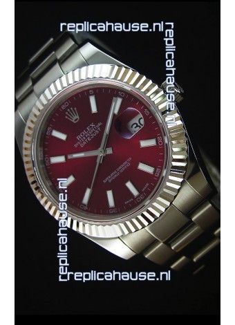 Rolex Datejust II 41MM with Cal.3136 Movement Swiss Replica Watch in Deep Red Dial Stick Markers 