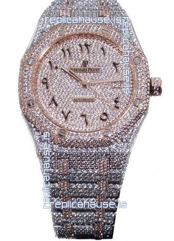 Audemars Piguet Royal Oak 15400 Iced Out Arabic Dial in Two Tone Rose Gold Casing Swiss Replica Watch