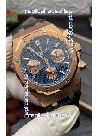 Audemars Piguet Royal Oak Chronograph Rose Gold Blue Dial Leather Strap Swiss Replica Watch