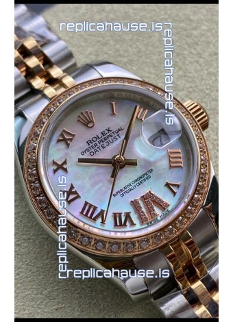 Rolex Datejust 28MM Swiss Replica in 904L Rose Gold Two Tone Case in Pearl Dial - 1:1 Mirror Replica