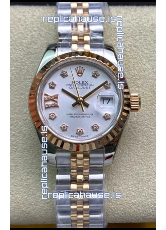 Rolex Datejust 28MM Swiss Replica in 904L Steel 2 Tone Rose Gold in White Dial - 1:1 Mirror Replica