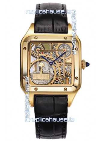 Cartier Santos Dumont Skeleton Yellow Gold Watch in Black Leather Strap 43.5MM