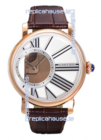 Rotonde De Cartier in Rose Gold Casing - Leather Strap Swiss Quartz Replica Watch 