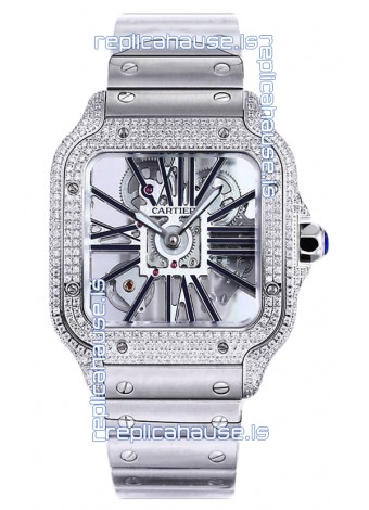 Santos De Cartier Watch in Skeleton Dial - Diamonds Bezel in Steel Casing Swiss Replica