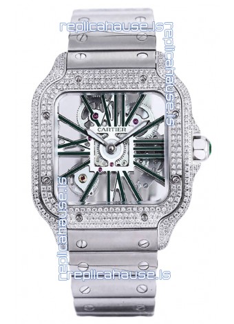 Santos De Cartier Watch in Skeleton Dial - Diamonds Bezel in Steel Casing Swiss Replica