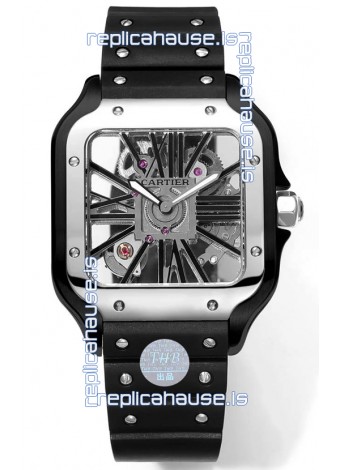 Santos De Cartier Watch in Skeleton Dial - DLC Coated Casing & Steel Strap in Rubber Strap
