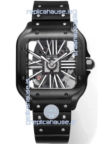 Santos De Cartier Watch in Skeleton Dial - DLC Coated Casing & Bezel in Rubber Strap