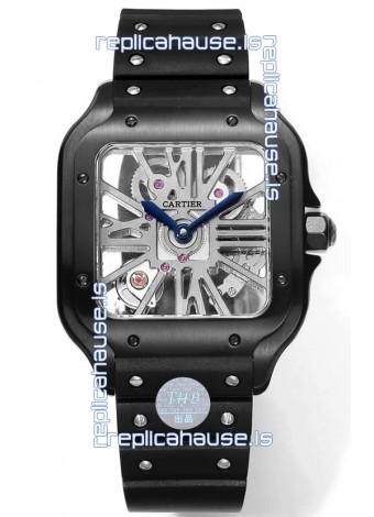 Santos De Cartier Watch in Skeleton Dial - DLC Coated Casing in Rubber Strap