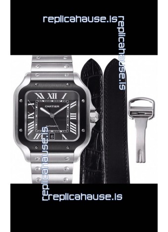 Cartier "Santos De Cartier" Mens XL 1:1 Mirror Replica Watch in Stainless Steel Casing - Black Bezel