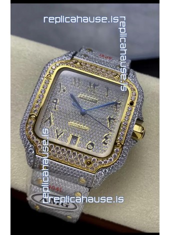 Cartier "Santos De Cartier" 904L Steel Diamonds Gold Arabic Dial 1:1 Mirror Replica - 40MM - Genuine Diamonds