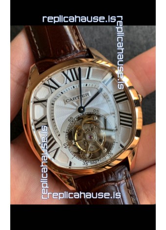 Drive De Cartier Yellow Gold Tourbillon Super clone Replica Watch in White Dial 