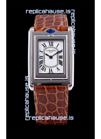 Cartier Tank Reversible Swiss Quartz Replica Watch in Steel Casing - Brown Strap