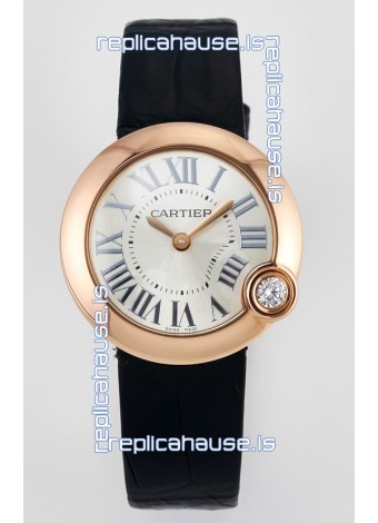 Ballon Blanc De Cartier Super Clone Watch 30MM in Rose Gold Casing Black Strap