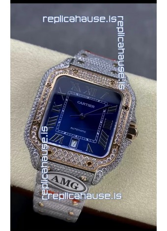 Cartier "Santos De Cartier" Two Tone Blue Dial 1:1 Mirror Replica - 40MM - Genuine Diamonds