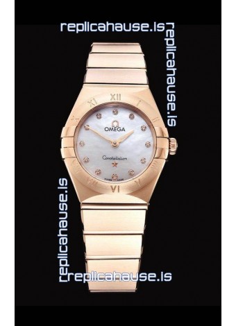 Omega Constellation Ladies Swiss Quartz 1:1 Mirror Replica - Rose Gold Casing White Pearl Dial