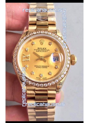 Rolex Datejust Ladies 28MM Cal.3135 Movement Swiss Replica in Gold Dial - 904L Steel Yellow Gold Case