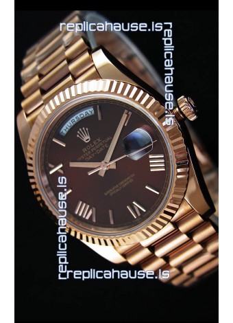 Rolex Day Date Japanese Replica Watch - Rose Gold Casing in Maroon Dial 40MM
