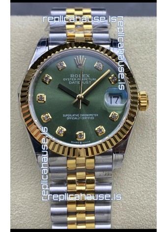 Rolex Datejust 31MM Swiss Watch in 904L Steel Two Tone Yellow Green Dial 1:1 Mirror Replica