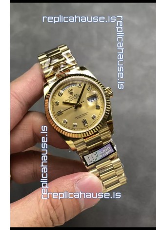 Rolex Day Date Super Clone Yellow Gold Casing and Dial Diamonds Numerals Watch 36MM - 1:1 Mirror Quality