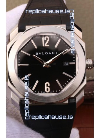 Bvlgari Octo Roma Edition 1:1 Mirror Replica in 904L Steel Casing - Black Dial Leather Strap