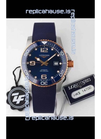 Longines HydroConquest 1:1 Swiss Replica Watch in Blue Dial Rubber Strap Rose Gold Bezel