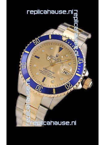 Rolex Submariner Oyster Perpetual Japanese Replica Two Tone Gold Watch in Blue Bezel