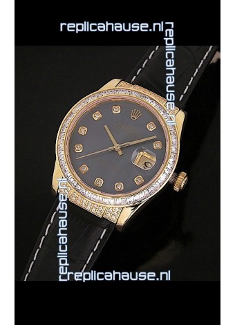 Rolex DateJust Japanese Mens Replica Yellow Gold Watch in Black Mother of Pearl Dial