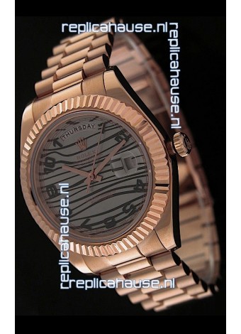 Rolex Oyster Perpetual Day Date Swiss Replica Pink Gold Watch in Waves Pattern Dial